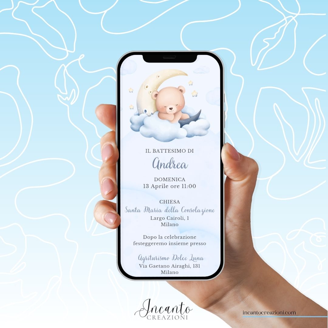 Inviti Digitali Battesimo Bambino Orsetto sulla Luna — immagine 1