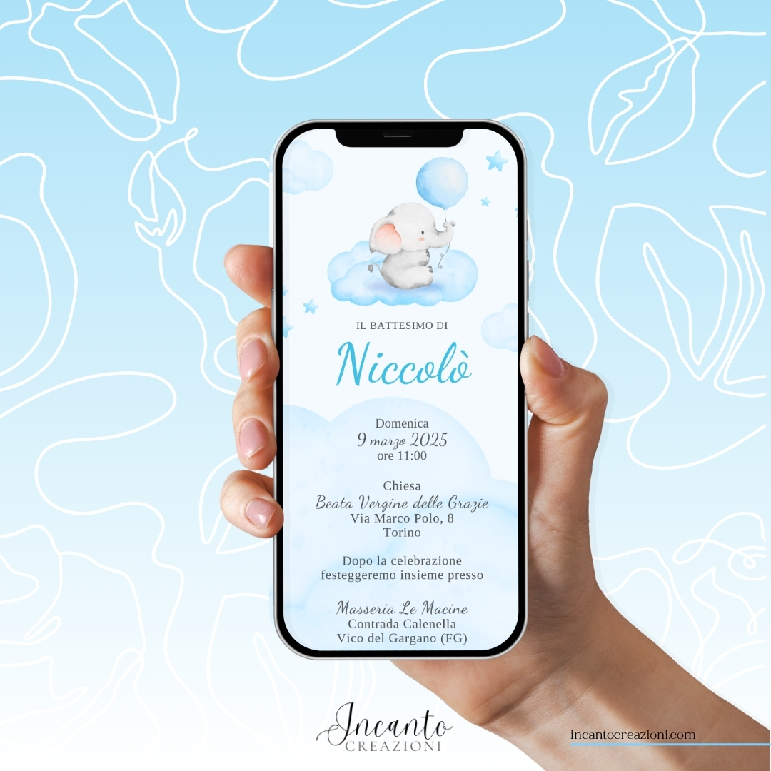Inviti Digitali Battesimo Bambino Elefantino con Palloncino — immagine 1