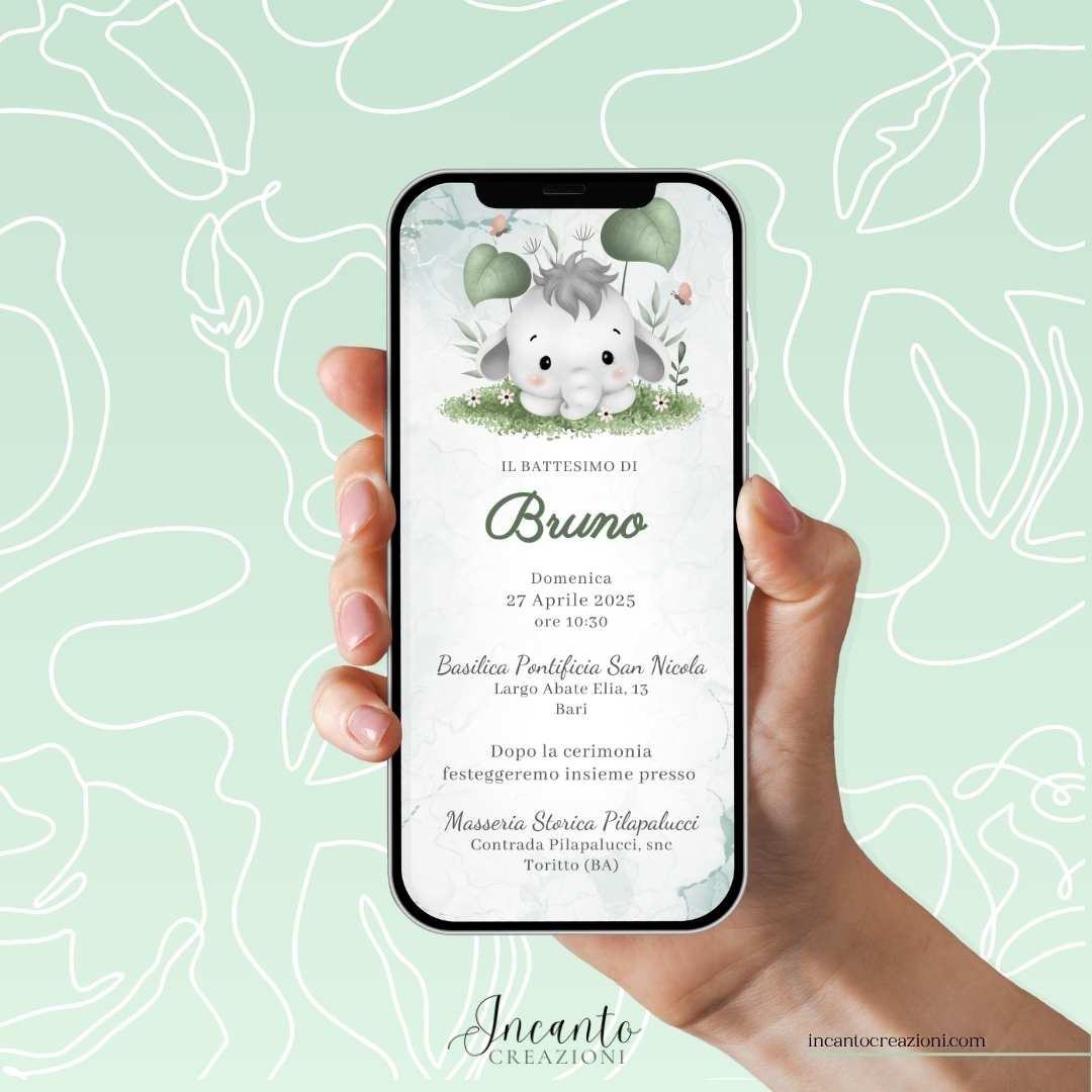Inviti Digitali Battesimo Bambino Elefantino — immagine 1
