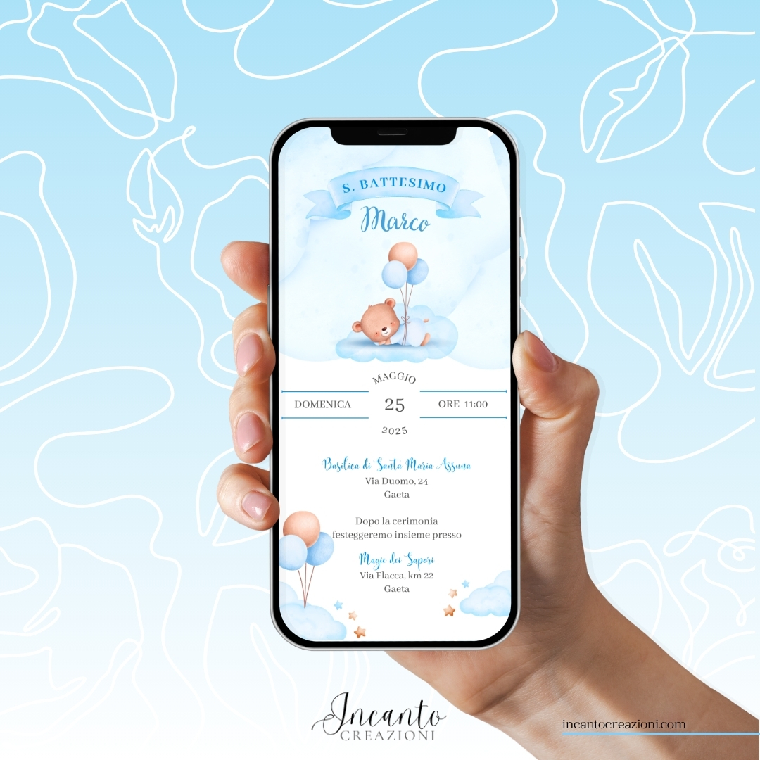 Inviti Digitali Battesimo Bambino Orsetto con Palloncini