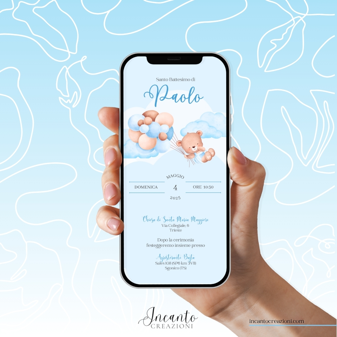 Inviti Digitali Battesimo Bambino Orsetto con Palloncini — immagine 1