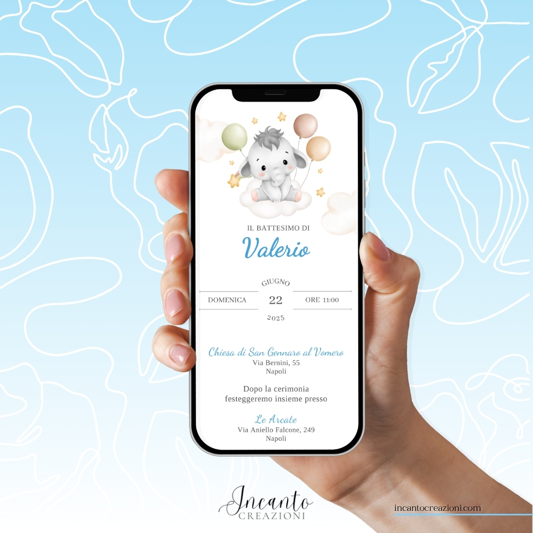 Inviti Digitali Battesimo Bambino Elefantino con Palloncini