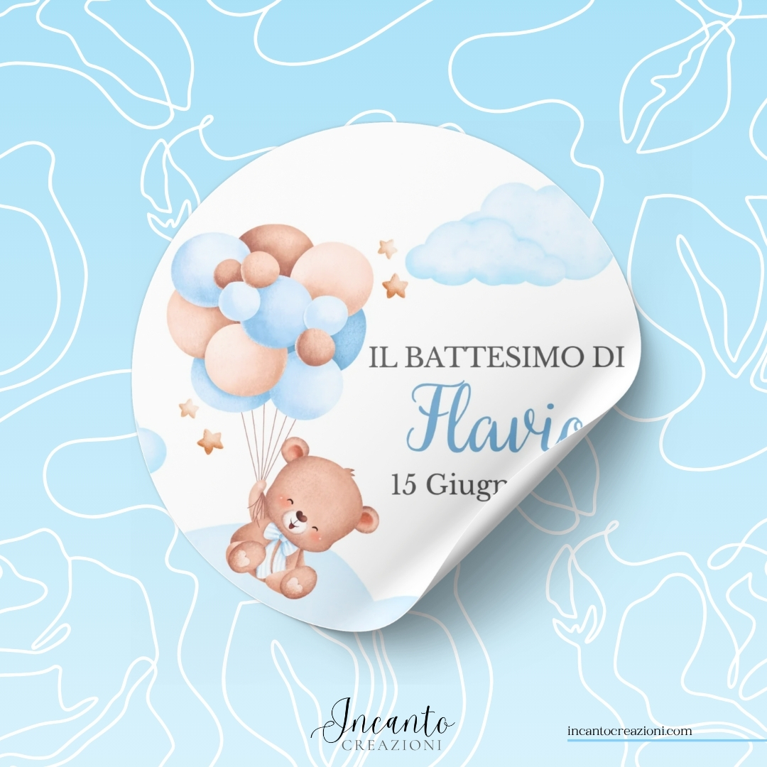 Tag Adesivo Battesimo Bambino Orsetto con Palloncini — immagine 1