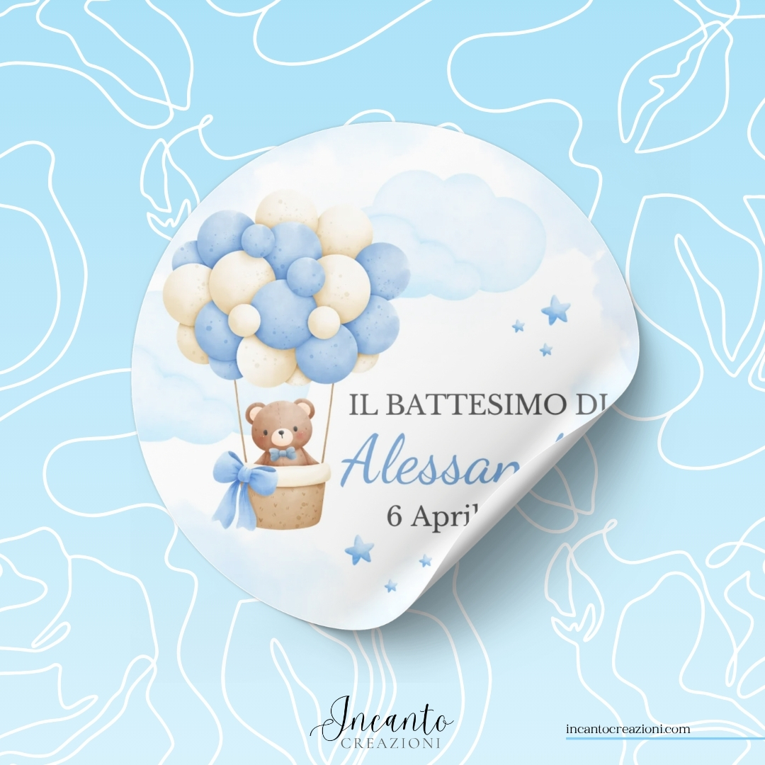 Tag Adesivo Battesimo Bambino Orsetto con Palloncini — immagine 1