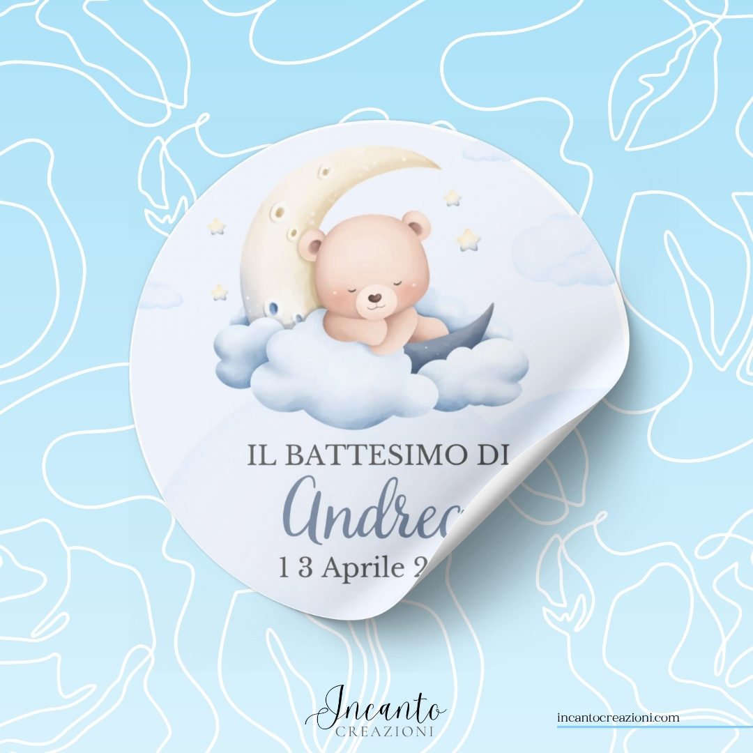 Tag Adesivo Battesimo Bambino Orsetto sulla Luna