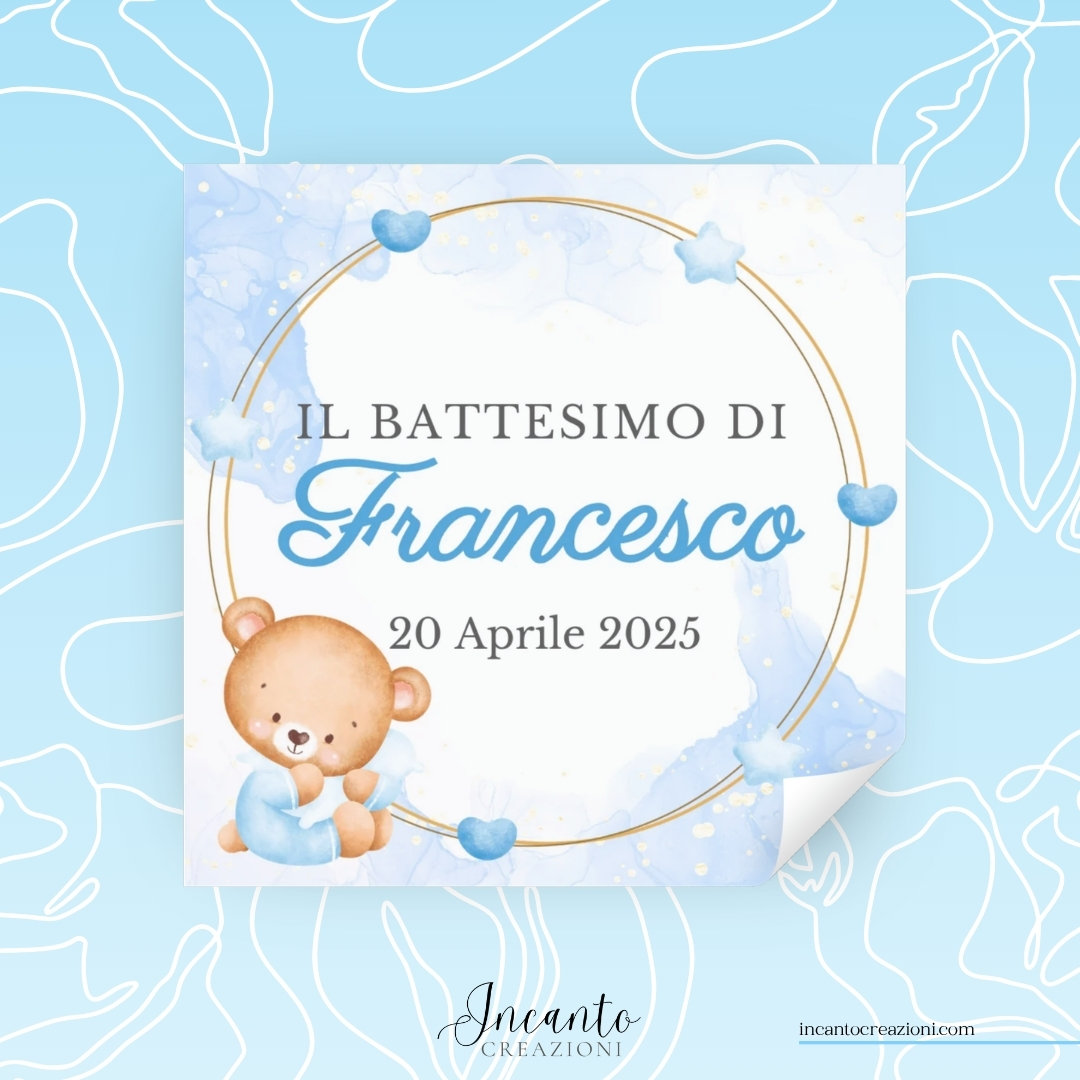 Tag Adesivo Battesimo Bambino Cornice Tonda Orsetto — immagine 1