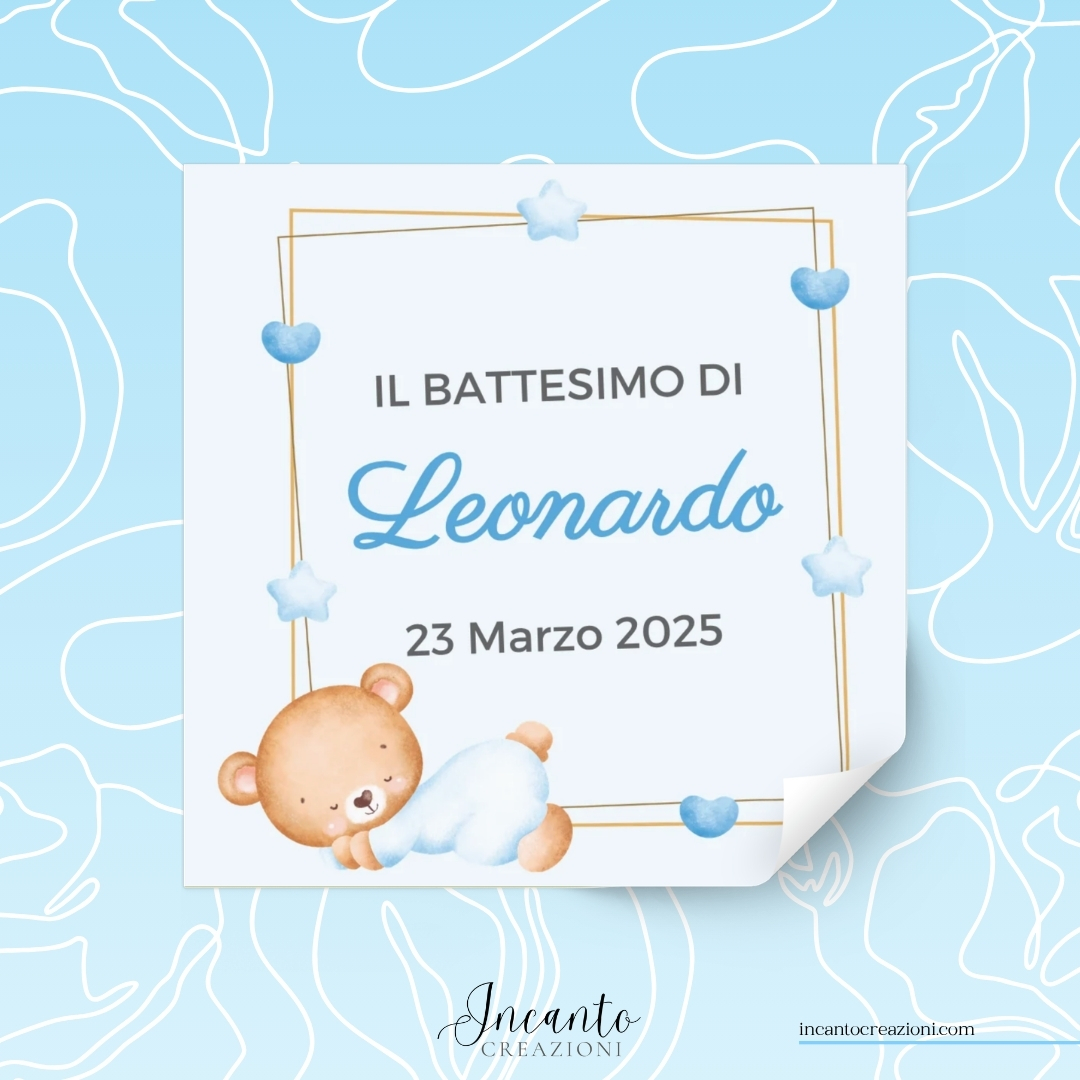 Tag Adesivo Battesimo Bambino Cornice Quadrata Orsetto — immagine 1