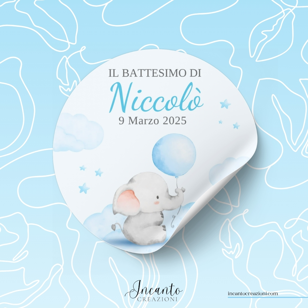 Tag Adesivo Battesimo Bambino Elefantino con Palloncino — immagine 1
