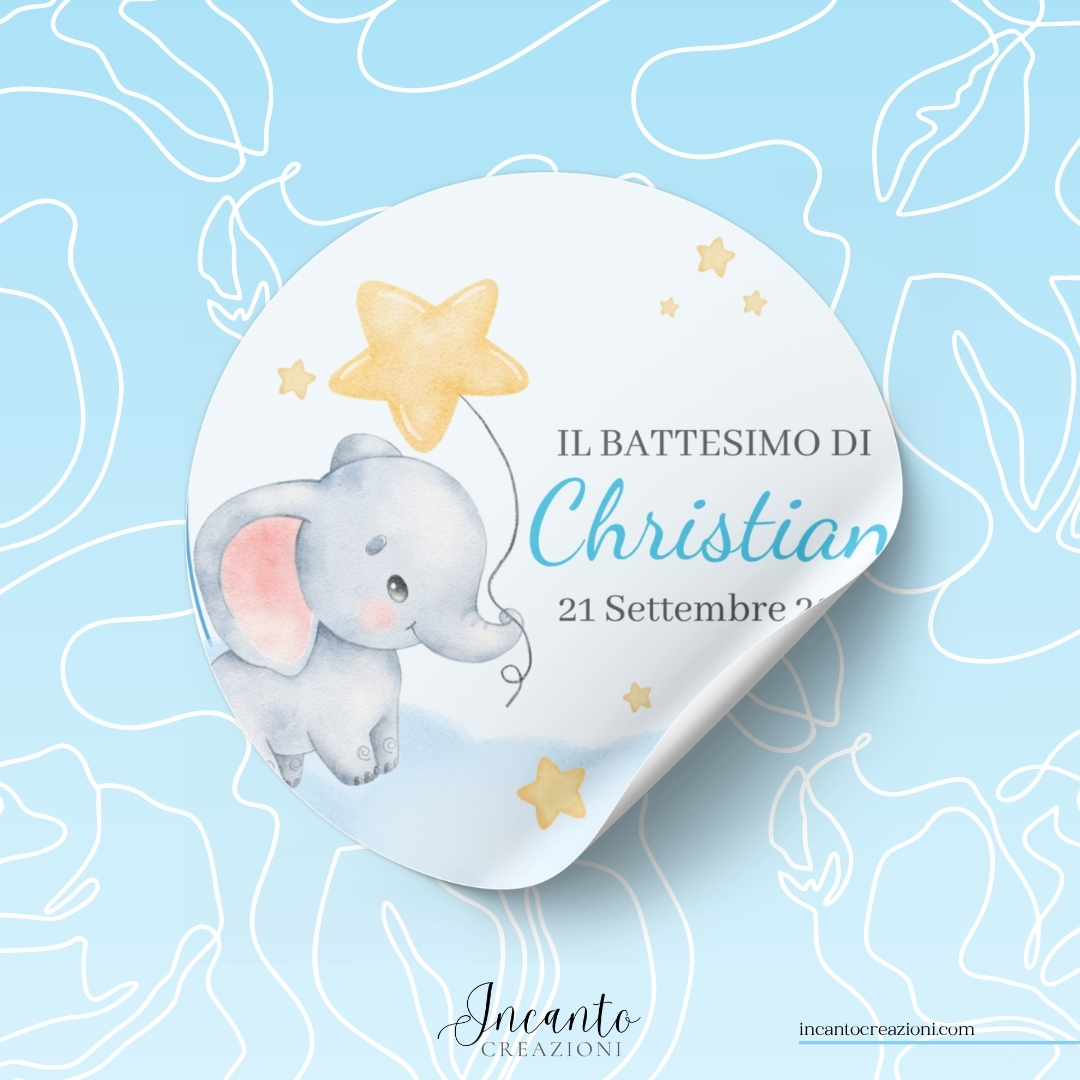 Tag Adesivo Battesimo Bambino Elefantino con Palloncino — immagine 1