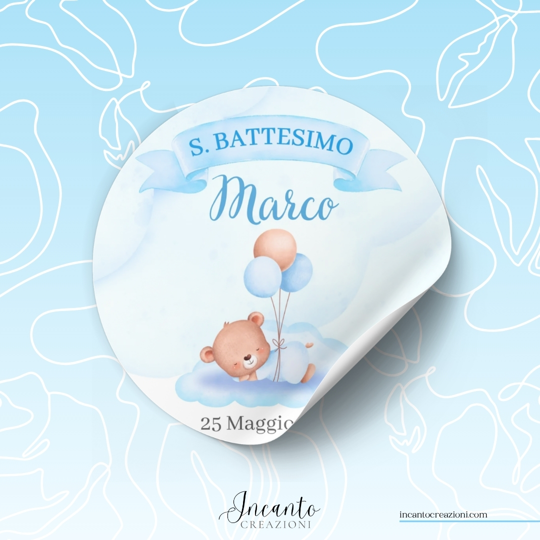 Tag Adesivo Battesimo Bambino Orsetto con Palloncini