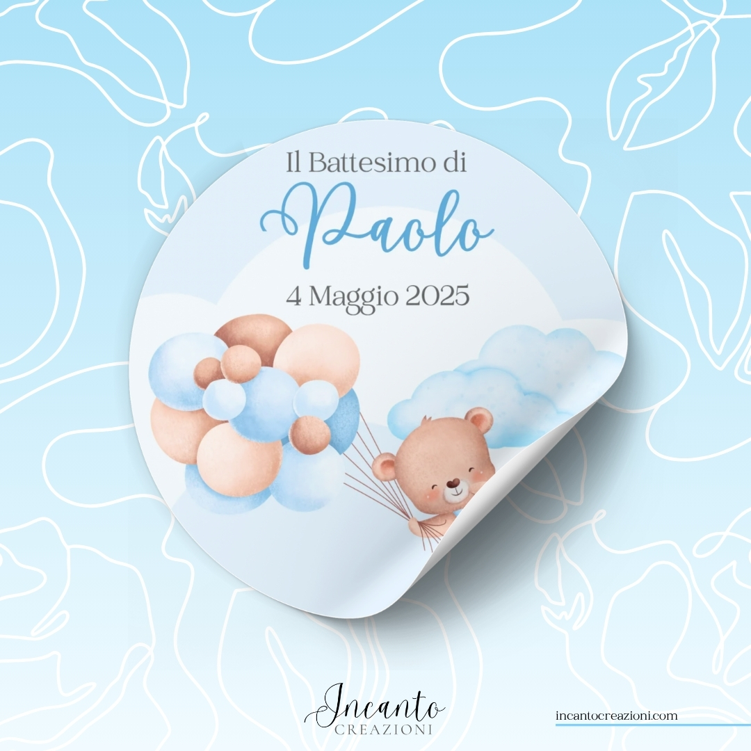 Tag Adesivo Battesimo Bambino Orsetto con Palloncini — immagine 1