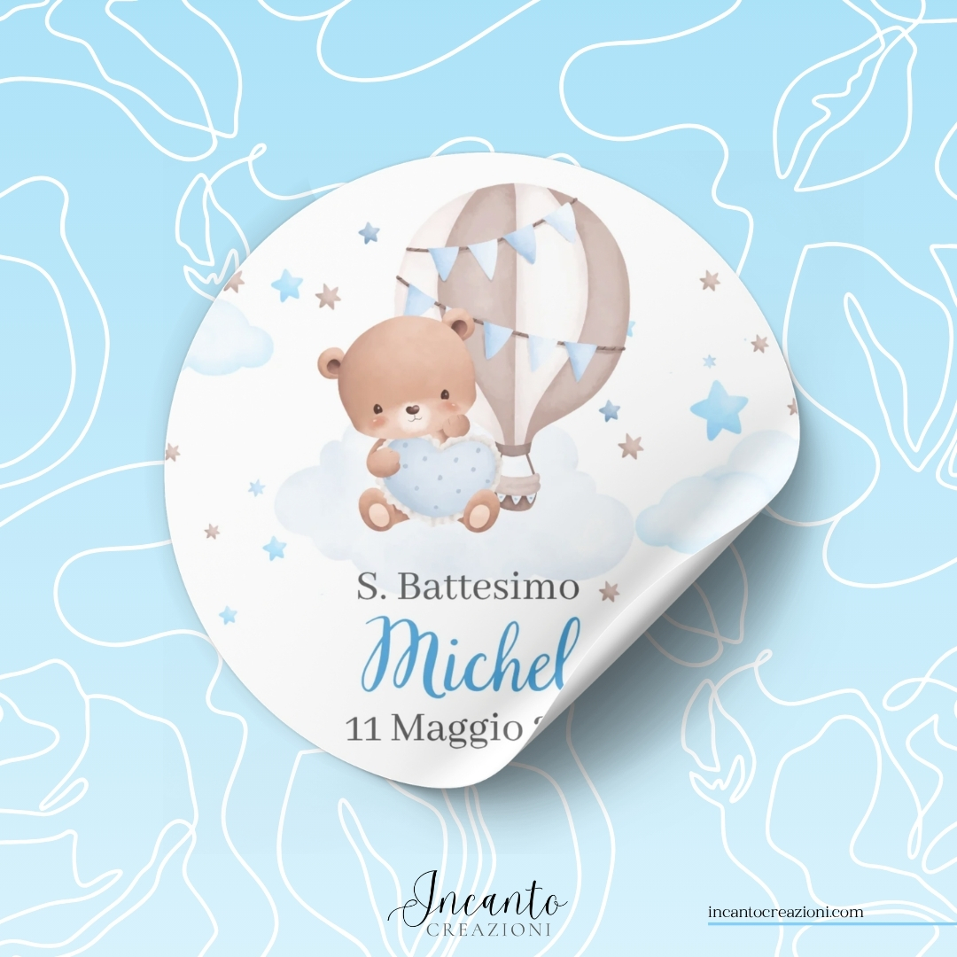 Tag Adesivo Battesimo Bambino Orsetto in Mongolfiera — immagine 1