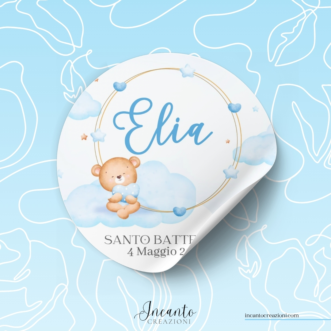 Tag Adesivo Battesimo Bambino Cornice con Orsetto — immagine 1