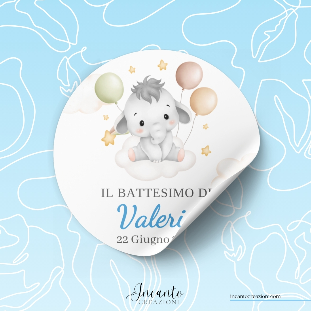 Tag Adesivo Battesimo Bambino Elefantino con Palloncini