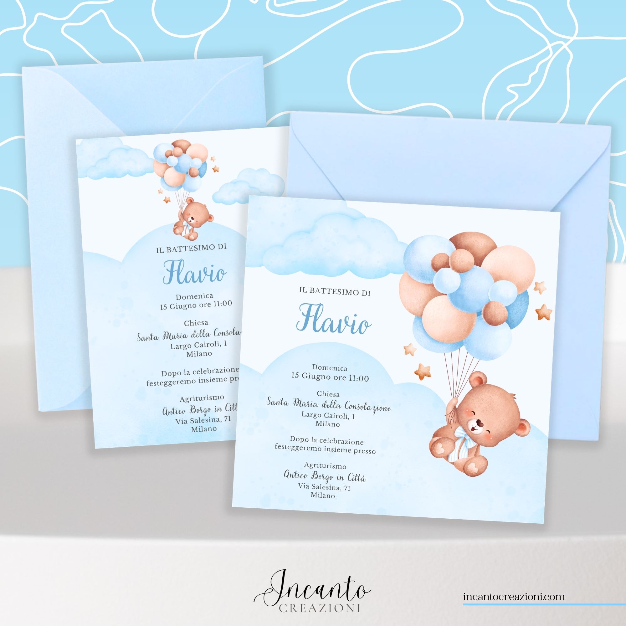 Inviti Cartacei Battesimo Bambino Orsetto con Palloncini — immagine 1