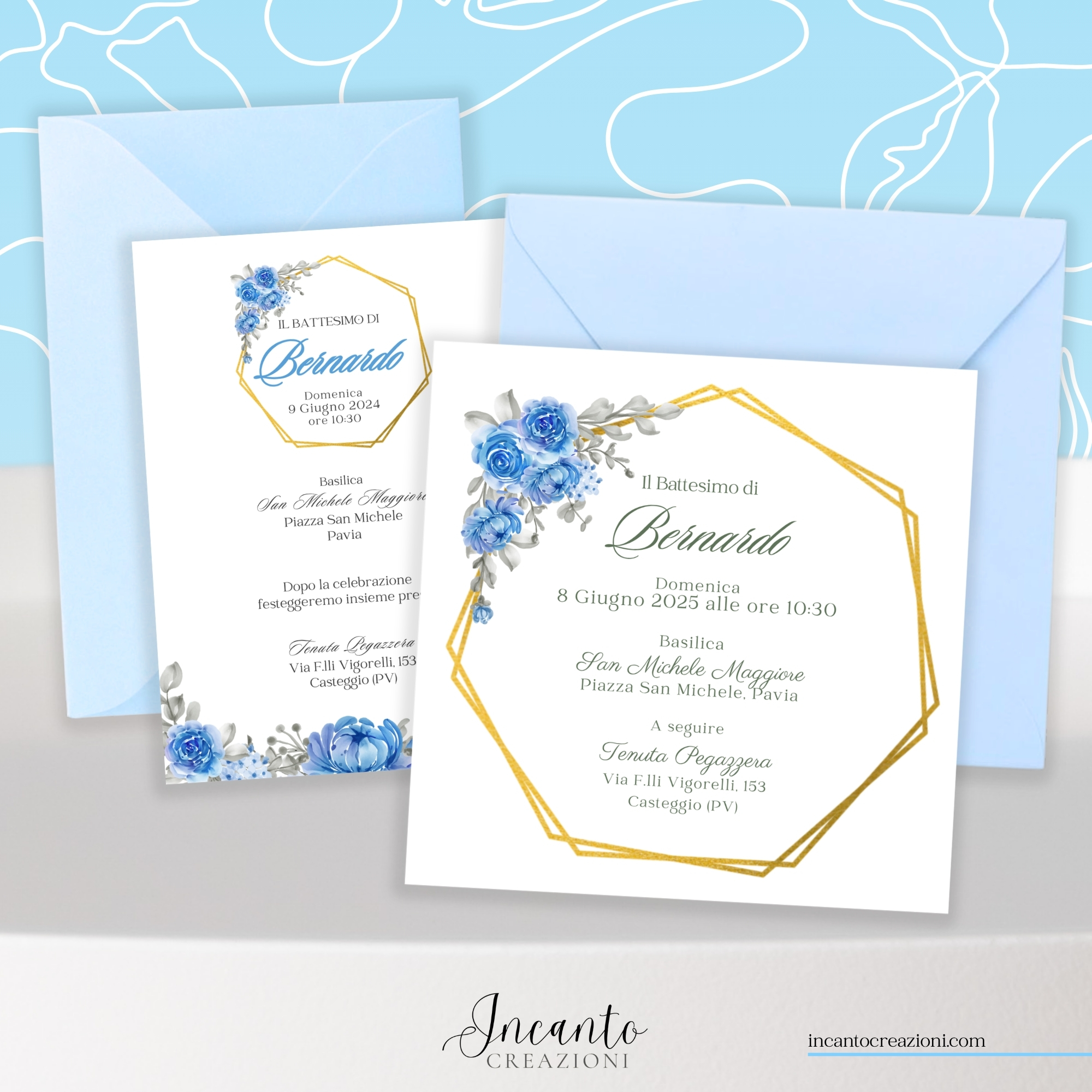 Inviti Cartacei Battesimo Bambino Cornice con Fiori — immagine 1